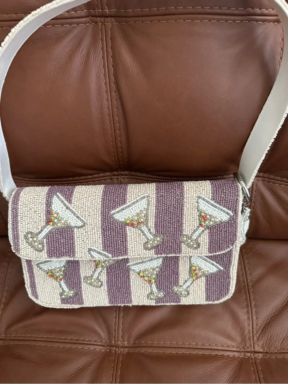 Beaded Martini Stripe Crossbody Bag in Lavender and Cream